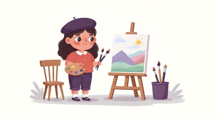 A cute cartoon girl artist with a beret, holding paintbrushes and a palette, painting a sunny landscape on a canvas. She stands near an easel, a chair, and a cup with more brushes.