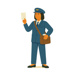Female mail carrier holding an envelope and messenger bag, professional postwoman character in postal uniform – vector illustration