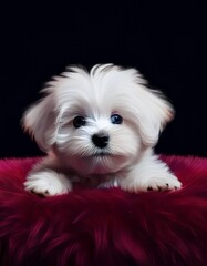 Malteser Terrier Welpe auf weinrotem Teppich, schwarzer Hintergrund