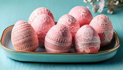Handcrafted pastel Easter eggs adorned with intricate lace patterns on turquoise background