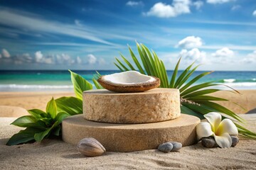 Obraz premium Stone podium for demonstration of natural coconut cosmetics on sand beach. Placement for presentation of beauty products