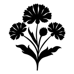 Black and White Silhouette of a Floral Bouquet with Three Large Flowers and One Bud