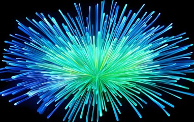 Obraz premium A vibrant blue and green burst of lines radiating from the center, resembling an explosion or fireworks display against a black background.