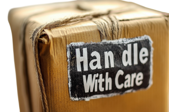 A rustic cardboard package tied with twine displaying a Handle With Care on transparent background