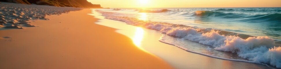 Softly glowing sunlight casts a warm glow on the serene sandy beach and gentle waves of the ocean, natural, serenity