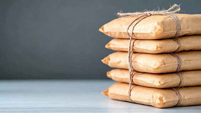 Stacked brown packages tied with twine on a smooth surface against a dark background