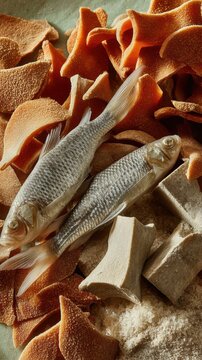 A close-up image of diverse fish food, showcasing different textures and shapes - fish close-up floating