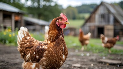 Fototapeta premium Brown Speckled Chicken Hen in Farmyard with Blurred Background