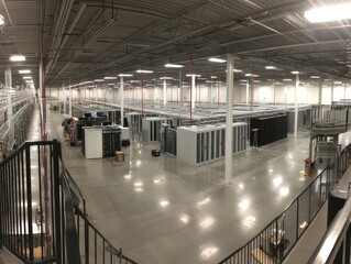 A panoramic view of a large scale data center facility - computing management systems cables boards