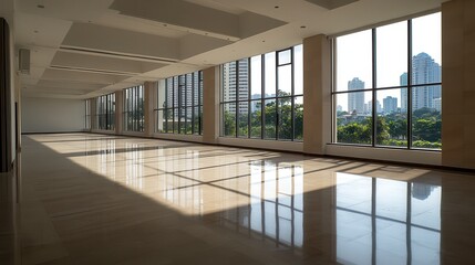 Empty modern hall, city view, sunlight, floor reflection, event space