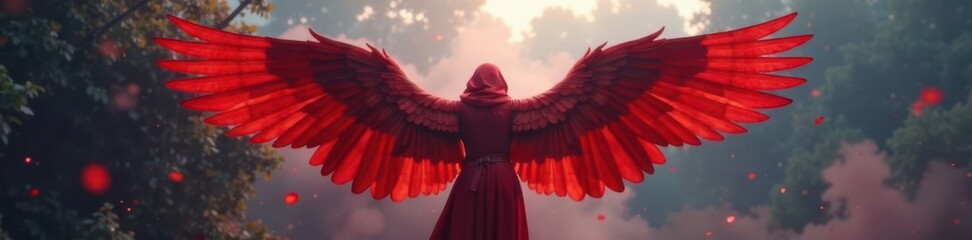 Obraz premium Mystical red wings spread wide on a misty background , fantasy, nature