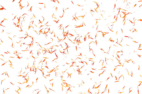 Safflower dry petals falling isolated on white, clipping path
