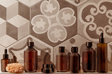 Brown jar for cosmetiBeauty Packaging Mockup in Bathroom Setting with Warm Tonescs, mockup
