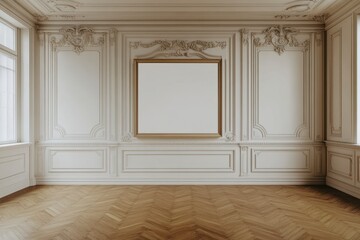 Empty Classic Room Interior with White Paneled Walls and Ornate Moldings