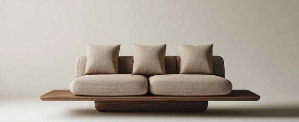 A modern sofa with three pillows in a neutral color