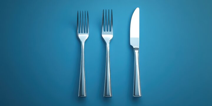Silver cutlery placed on a blue background with three forks and one knife for dining or culinary themes
