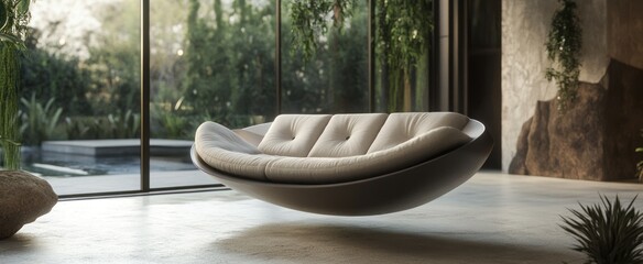 A modern minimalist indoor room featuring a floating comfortable sofa