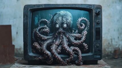 Giant octopus emerging from old television in abandoned room