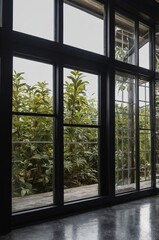 Fototapeta premium Lush greenery visible through modern black framed windows in a serene interior setting