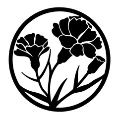 Elegant Black and White Floral Design Two Carnations in a Circle Beautiful Botanical Illustration Simple Flower Graphic