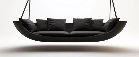 A modern black hanging sofa with pillows and supporting cables