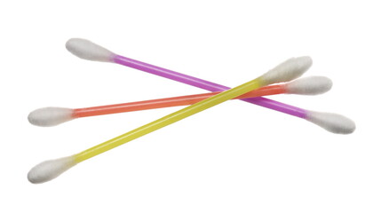 Colorful cotton buds flying, swabs for ear cleaning isolated on white