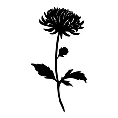 Elegant Black Silhouette of a Single Chrysanthemum Flower with Stem and Leaves