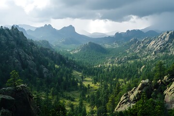 Fototapeta premium Evergreen forest stretching up rocky mountain sides under moody skies