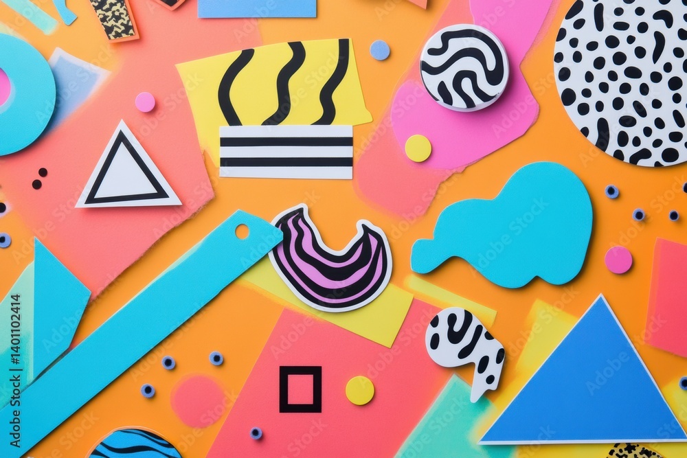 Poster Memphis style abstract shapes create a vibrant pattern on a colorful background with various designs including zigzags and dots