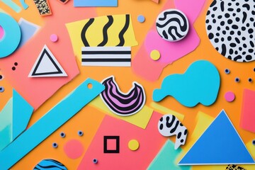 Memphis style abstract shapes create a vibrant pattern on a colorful background with various designs including zigzags and dots