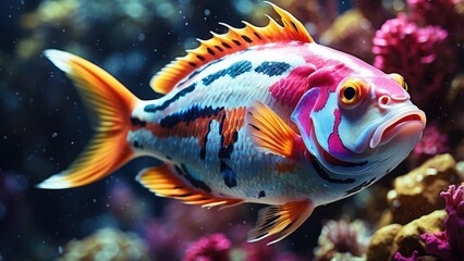 Fototapeta premium A vibrant, colorful fish with pink and yellow scales swims amidst coral reef.