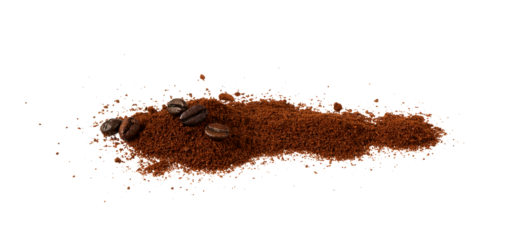 pile of grinded coffee powder with coffee beans isolated on white or transparent png