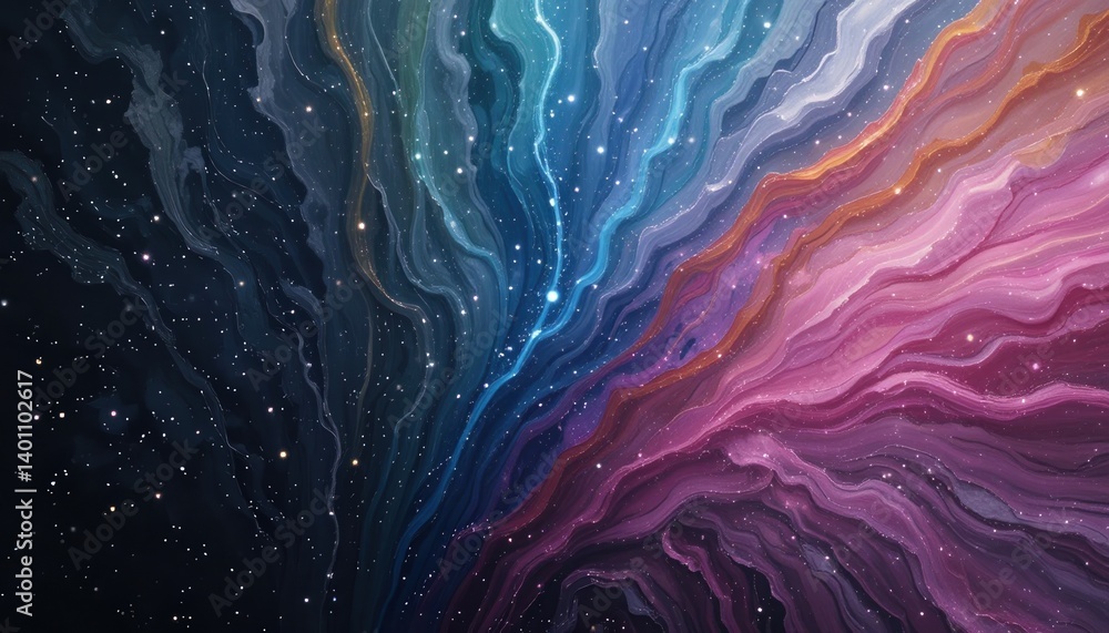 Poster exploring cosmic waves deep space abstract art stellar environment vibrant viewpoint celestial conce