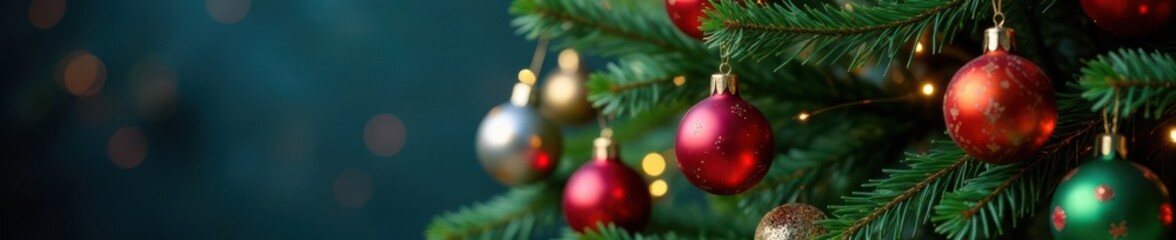 A Christmas tree with colorful ornaments hung around the branches, decorated, festive