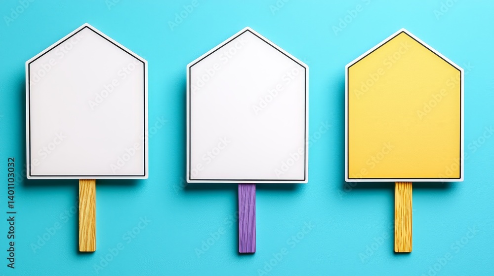 Poster three wooden sticks with a white sign on them. the sticks are arranged in a row and the sign is whit
