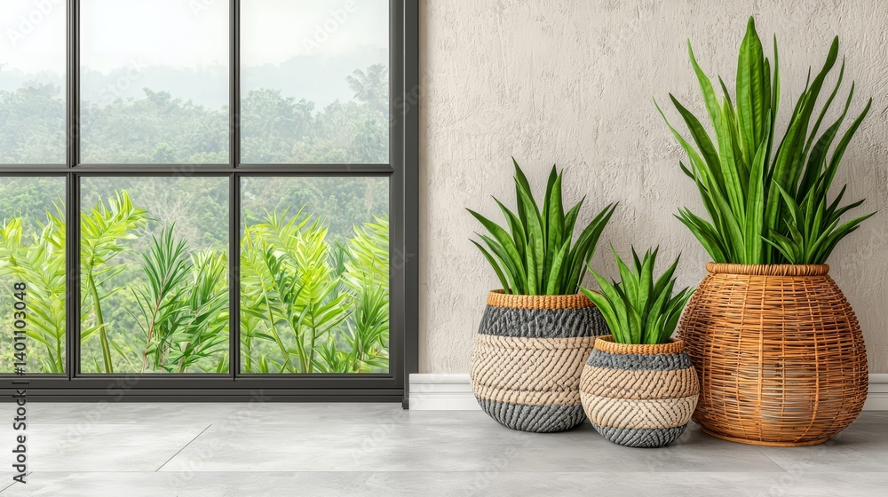 Poster three potted plants are sitting on a concrete floor in front of a window. the plants are tall and gr