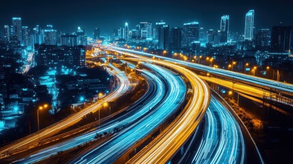 Illuminated urban highway system with bright streaks of vehicle lights