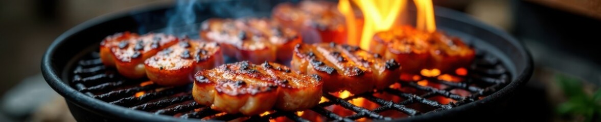 Sizzling BBQ meat on a black grill with flames , bbq, meat