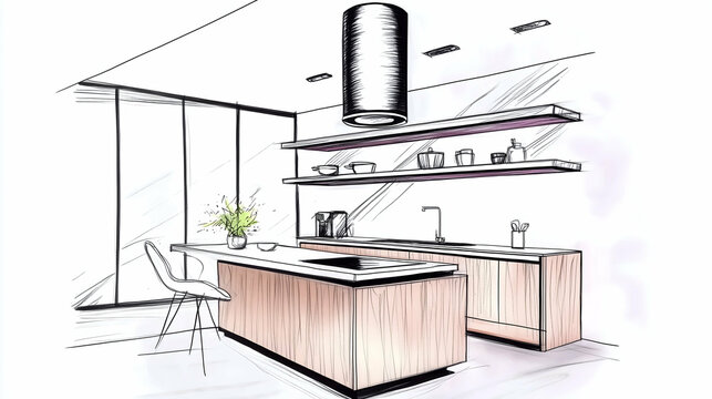 Hand drawn interior sketch of a modern minimalistic contemporary kitchen design concept