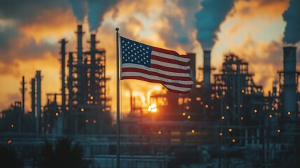Waving American flag at sunset with industrial refinery background for International Labor Day themes of hard work, energy sector, patriotism, and environmental discourse in dramatic orange and blue