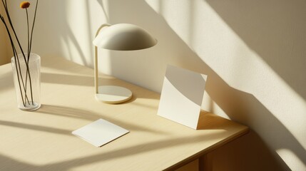 Desk Scene with Lamp, Flowers and Blank Cards in Warm Light