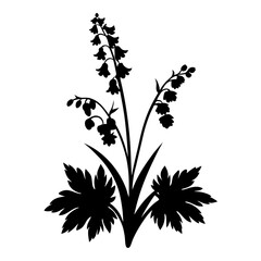 Black Silhouette of a Beautiful Blooming Flower Bouquet with Lush Green Leaves