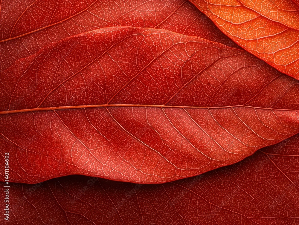 Poster close-up of vibrant red and orange autumn leaves showing intricate vein patterns and textures.