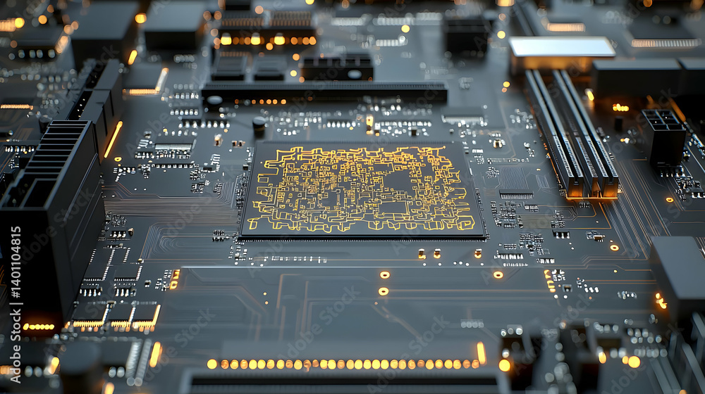 Poster close up of high tech circuit board with glowing components