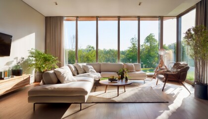 cozy living room with large windows and modern decor in bright natural light