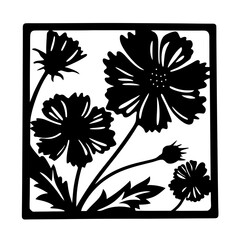 Black and White Floral Square Art Design Featuring Cosmos Flowers and Leaves