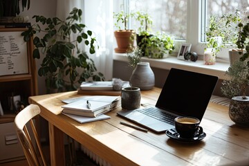Bright home office setup with laptop, plants and coffee enhancing productivity