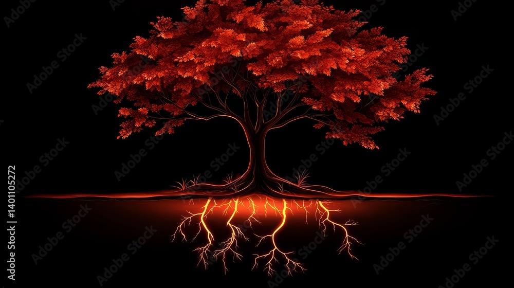 Poster Tree with roots that are glowing red. The tree is surrounded by darkness, giving it a mysterious and eerie feel