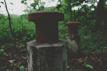 Fototapeta premium Rusted metal caps atop weathered concrete posts in a forest.
