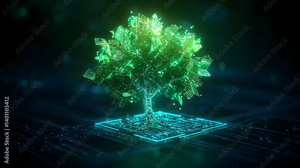 Aufkleber digital glowing tree on technological background